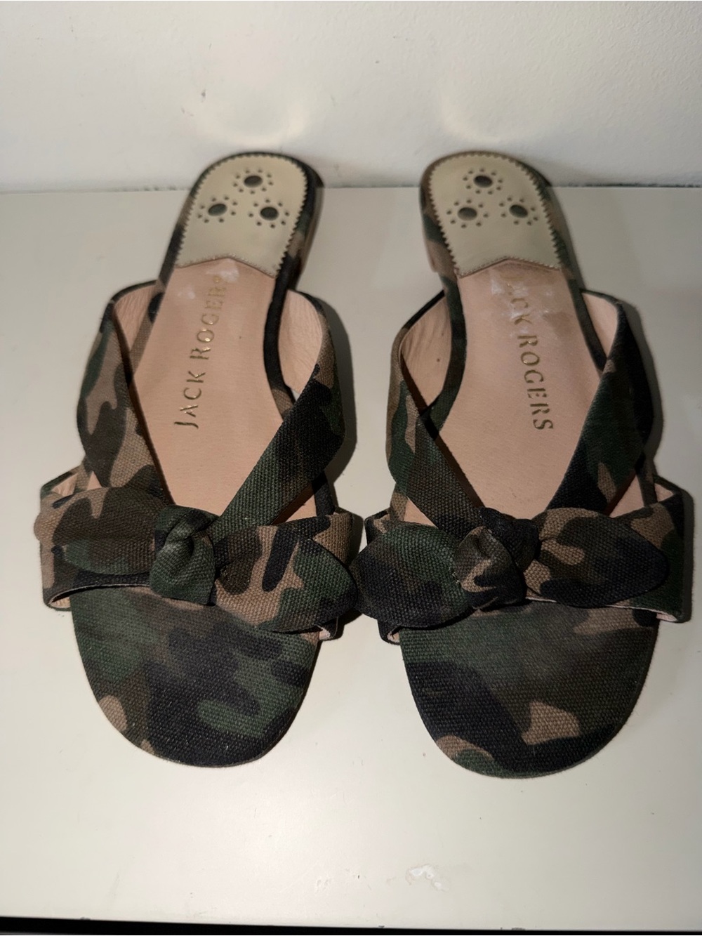 Jack Rogers Camo Bow Slide Sandals Green Brown Canvas Flat Women’s